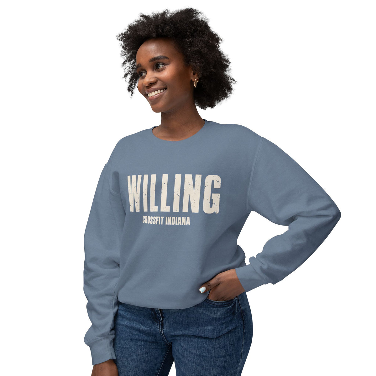 Willing Crewneck Sweatshirt — Subtle Vintage Text Lightweight Pullover