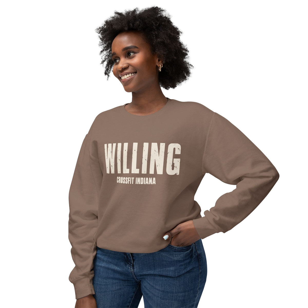 Willing Crewneck Sweatshirt — Subtle Vintage Text Lightweight Pullover