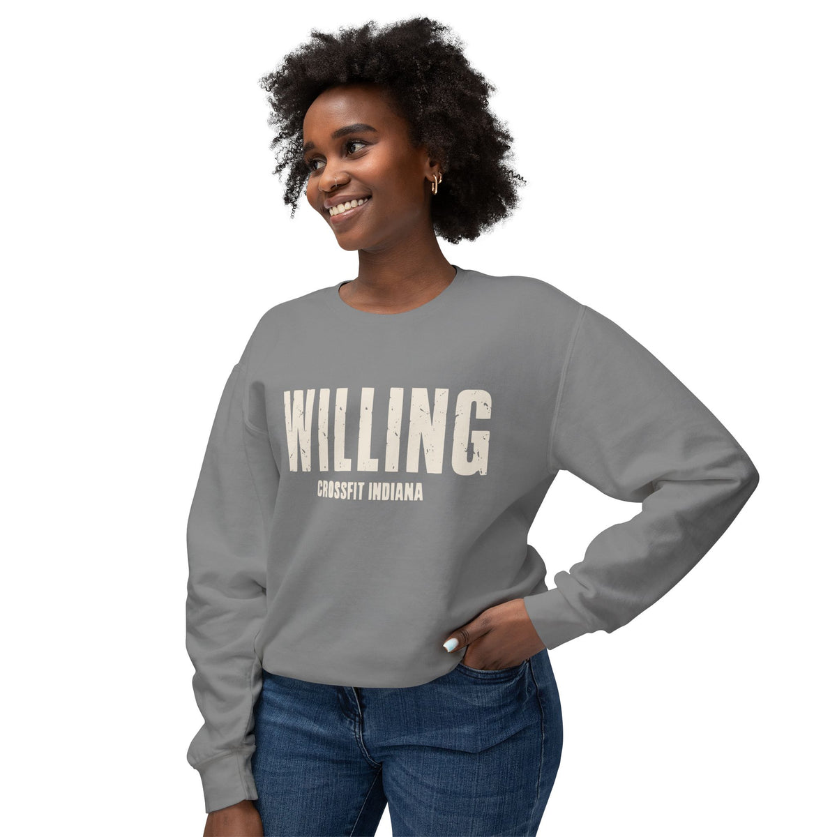 Willing Crewneck Sweatshirt — Subtle Vintage Text Lightweight Pullover