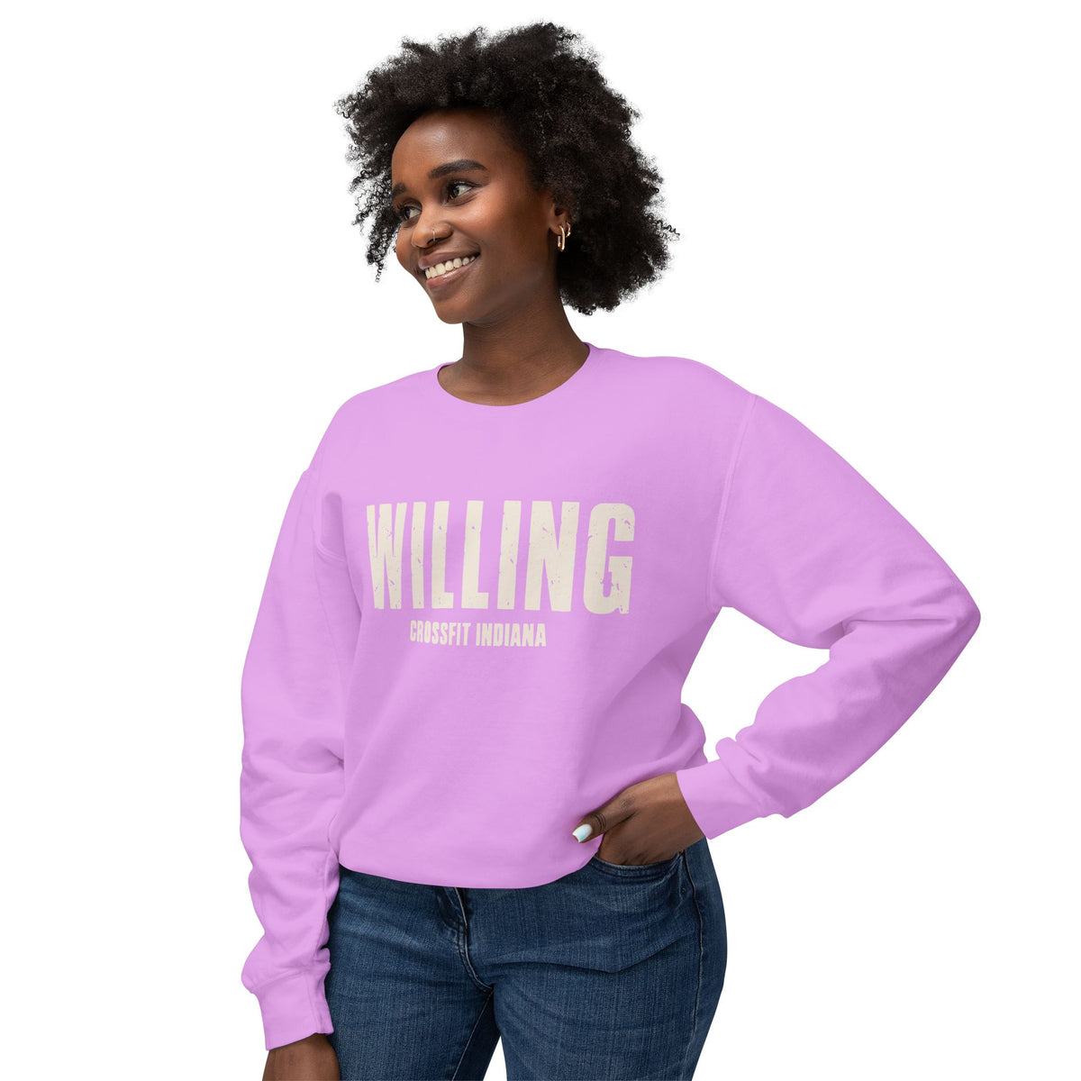 Willing Crewneck Sweatshirt — Subtle Vintage Text Lightweight Pullover