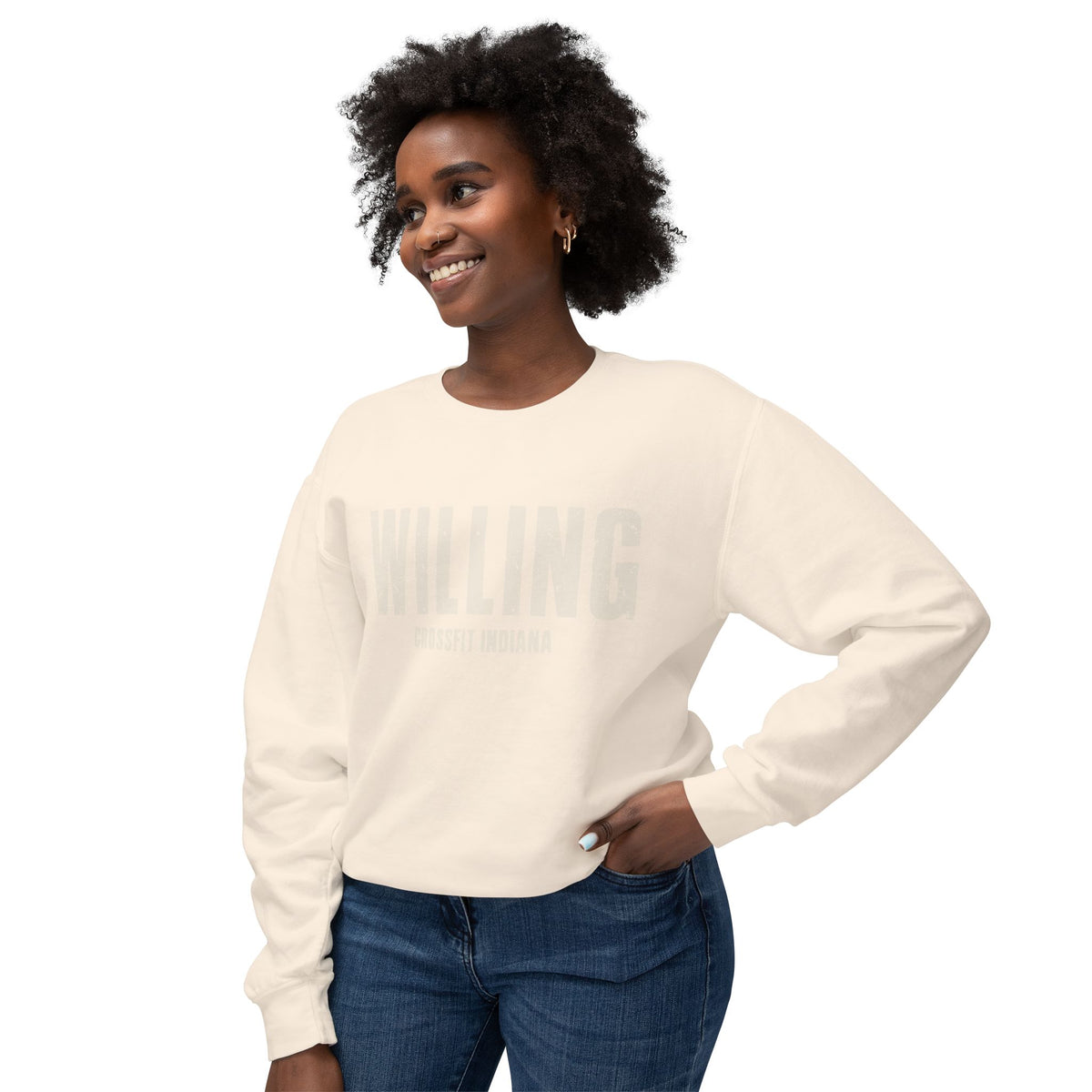 Willing Crewneck Sweatshirt — Subtle Vintage Text Lightweight Pullover