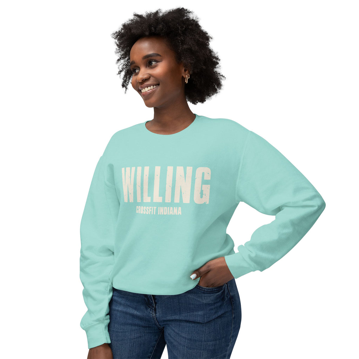 Willing Crewneck Sweatshirt — Subtle Vintage Text Lightweight Pullover