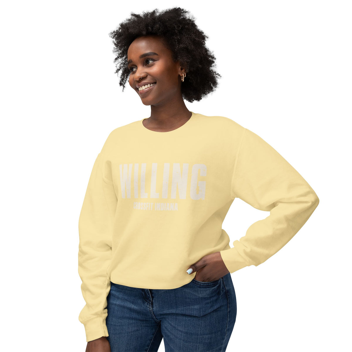 Willing Crewneck Sweatshirt — Subtle Vintage Text Lightweight Pullover