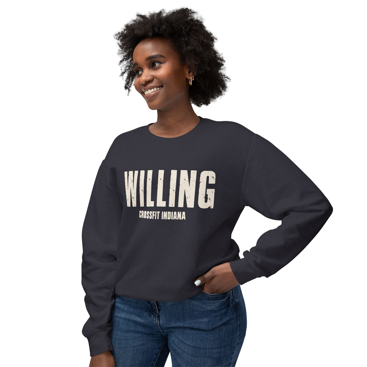 Willing Crewneck Sweatshirt — Subtle Vintage Text Lightweight Pullover