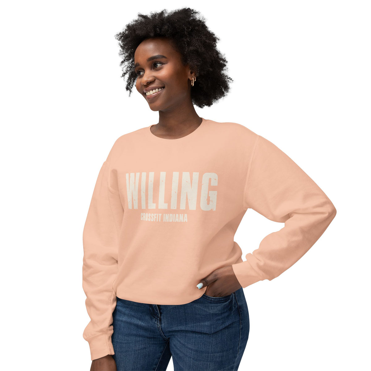 Willing Crewneck Sweatshirt — Subtle Vintage Text Lightweight Pullover