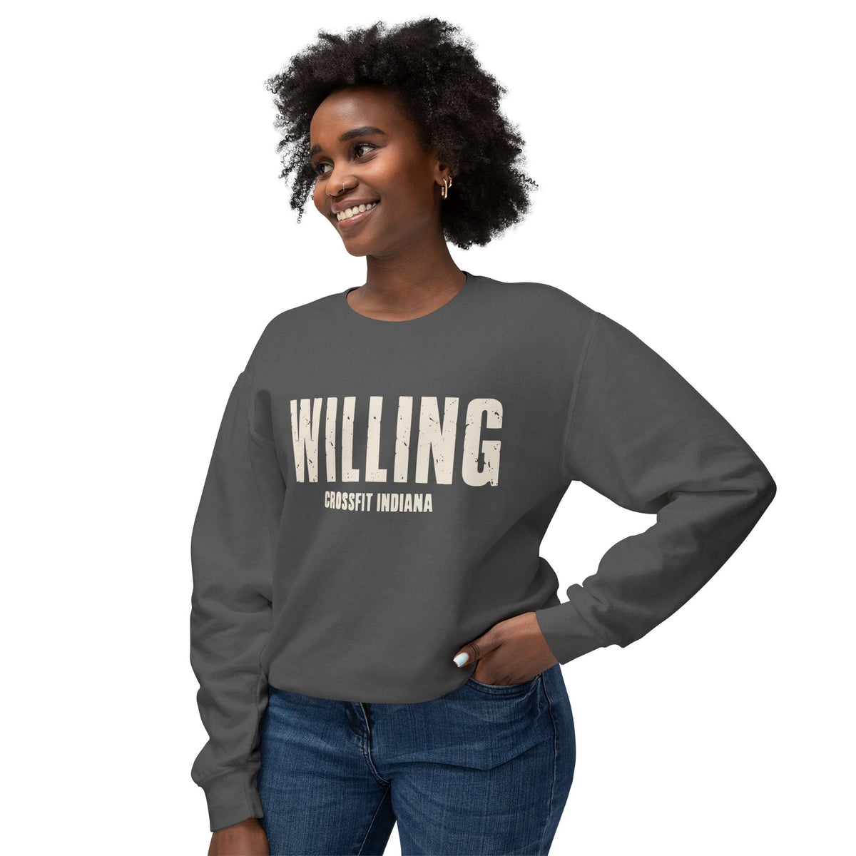 Willing Crewneck Sweatshirt — Subtle Vintage Text Lightweight Pullover