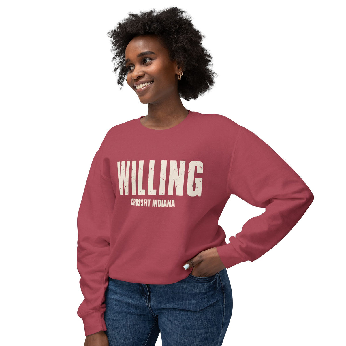 Willing Crewneck Sweatshirt — Subtle Vintage Text Lightweight Pullover