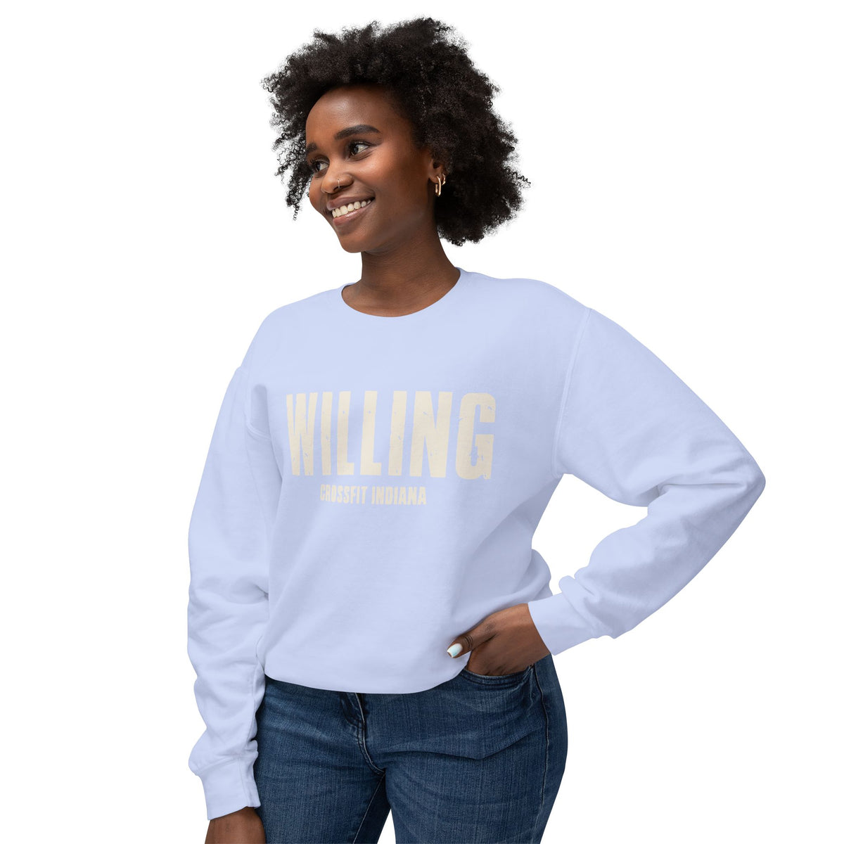 Willing Crewneck Sweatshirt — Subtle Vintage Text Lightweight Pullover