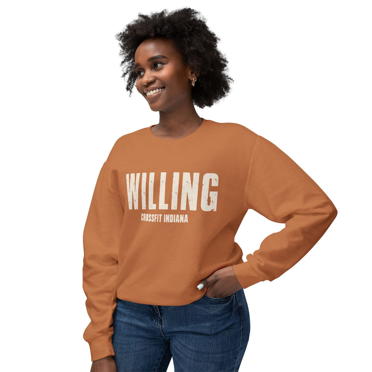 Willing Crewneck Sweatshirt — Subtle Vintage Text Lightweight Pullover